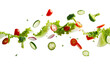 © TANATPON - Mixing Salad of different vegetables green lettuce, spinach, onion and other flying in the air isolated on background, fresh organic food.