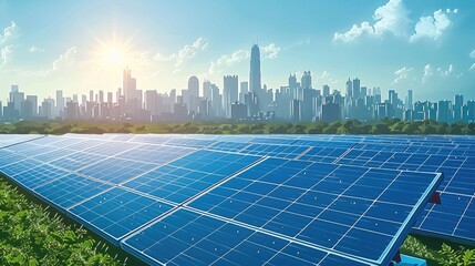 Wall Mural - a solar panel field with a modern city skyline in the background. a photovoltaic power plant concept