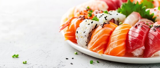  A platter of assorted sushi on a white plate, garnished with chosen accompaniments