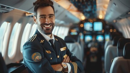 Canvas Print - A smiling pilot is posing for a picture in the cockpit of an airplane