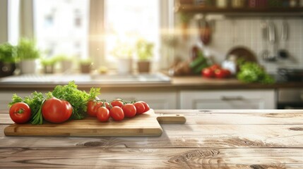 Wall Mural - Fresh vegetables on wooden board in kitchen with blurred furniture and brown tone Plenty of room for your own decor