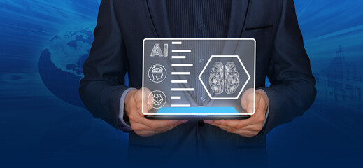 Business intelligenc utilizes AI technology for data analysis, utilizing a digital brain for computer language coding and machine learning on a virtual screen.