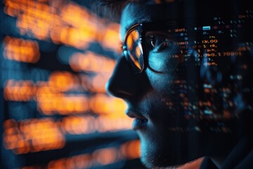 Silhouette of a software engineer intensely focused on a project, with code and development symbols subtly visible in the background. The image captures the dedication and analytical thinking