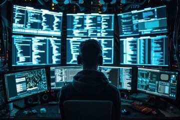 silhouette of a programmer surrounded by a digital environment, with multiple screens displaying cod