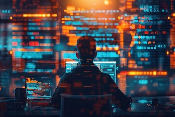 Silhouette of a software developer at a workstation, surrounded by digital code and development symbols. The glowing screens cast a dramatic light, highlighting the programmer's focus on software