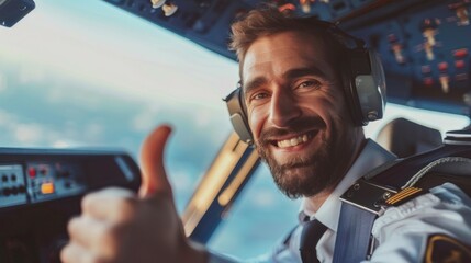 Canvas Print - A pilot is smiling and giving a thumbs up while flying a plane