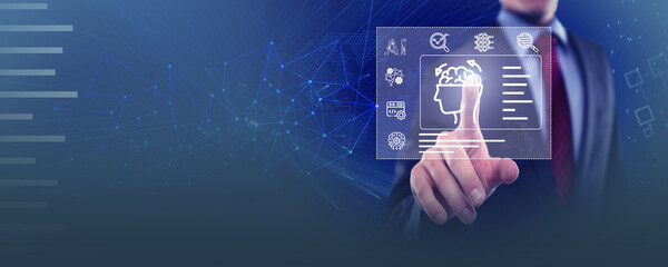 The business man utilizes AI programs for data analysis, marketing, financial reporting, software development, and innovation technology in business.