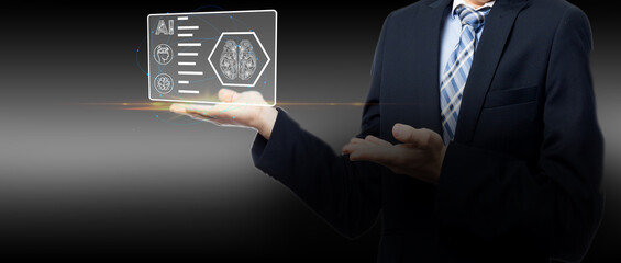 The business man utilizes AI programs for data analysis, marketing, financial reporting, software development, and innovation technology in business.