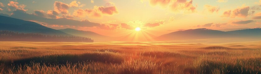 Wall Mural - Golden Sunset Over Grassy Field