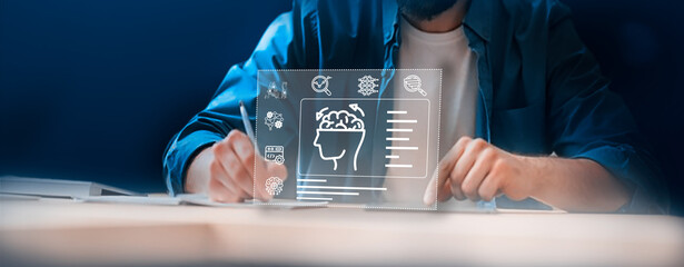 The business man utilizes AI programs for data analysis, marketing, financial reporting, software development, and innovation technology in business.