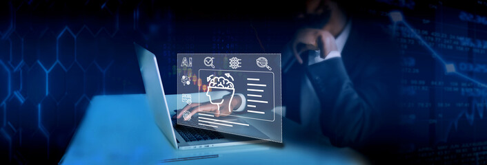 The business man utilizes AI programs for data analysis, marketing, financial reporting, software development, and innovation technology in business.