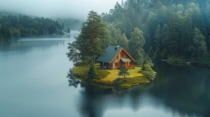 Lakeside cabin retreat, A small wooden cabin nestled on a grassy peninsula surrounded by calm lakes and dense evergreen forests, peaceful and secluded, serene and tranquil atmosphere. Generative AI.