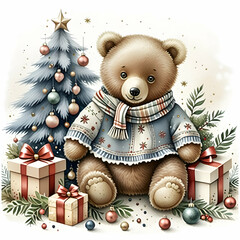 Wall Mural - teddy bear with christmas gifts