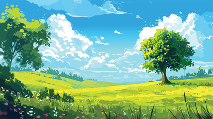 Wall Mural - Serene Summer Fields Vector Illustration Lush Cartoon Meadow with Blue Skies and Green Trees