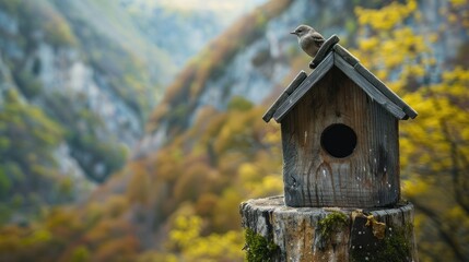 Birdhouse made of wood in a picturesque natural setting