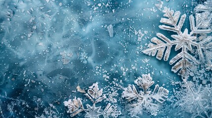 Poster - Winter wonderland scene with snowflakes and icy textures on a cool blue background