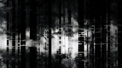 Wall Mural - Black and white digital glitch art background, stripes of dark grey with a subtle noise effect, creating a dark and mysterious atmosphere.