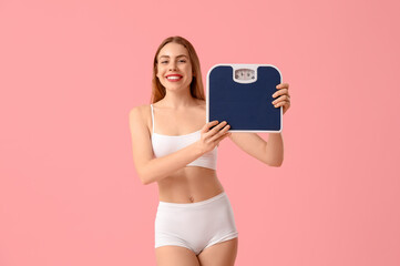 Sticker - Young woman with measuring scales on pink background. Weight loss concept