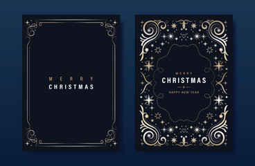 Poster - Luxury gold christmas invitation card folk design vector. Christmas leaves, sparkling stars, snowflake, frame on navy blue background. Design illustration for cover, print, poster, wallpaper.