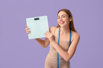 Poster - Young woman with measuring tape and scales on lilac background. Weight loss concept