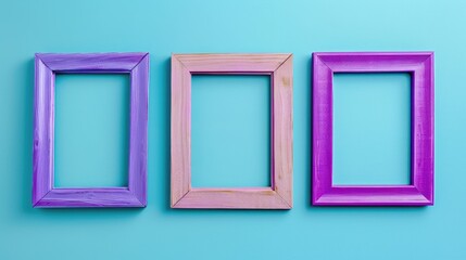 Poster - Wooden purple frames on bright blue background mockup with copy space