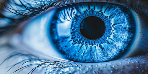 Abstract digital blue eye iris on blurry tech background. Technology and vision concept. 3D Rendering.