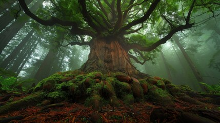 majestic redwood bonsai tree with ancient bark in a foggy redwood grove