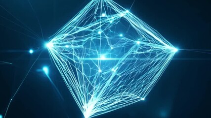 Fototapete - This blue, geometric cube with glowing lines against a dark background.