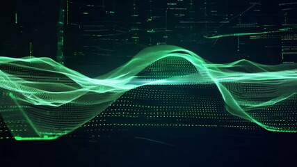 Fototapete - This Green wave pattern digitally rendered on a black background. Technology background