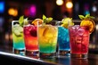© Introvertia - Four glasses of mixed cocktails with ice and fruit garnishes on bar counter against blurred background of lights