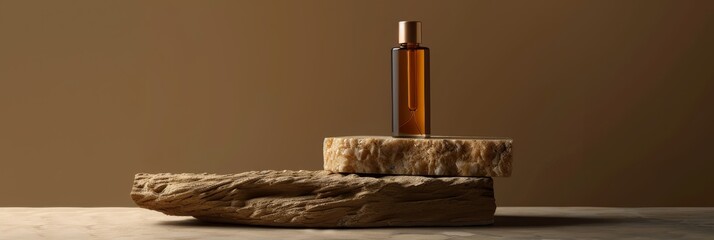 Wall Mural - a glass serum bottle with a gold cap sits atop a natural stone slab, which is resting on a piece of 