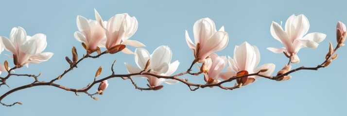 A magnolia tree branch with delicate white flowers blooms against a clear blue spring sky
