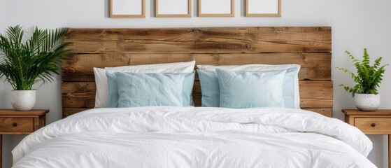 Wall Mural -  A bed featuring a white comforter and pillows Above it hangs a wooden headboard adorned with three framed pictures