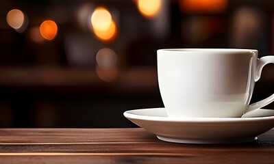 A pristine white coffee cup on a wooden table, set against a warm, blurred background, symbolizing a cozy, inviting moment of relaxation and comfort. - Copyspace available images