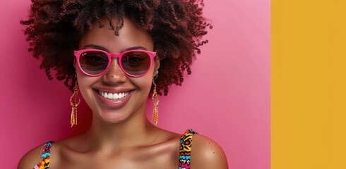 Canvas Print - Smiling Woman Wearing Colorful Sunglasses and Earrings Against Pink Background