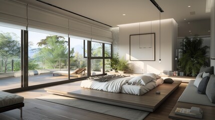 Wall Mural - A contemporary bedroom with a platform bed, minimalist decor, large windows, and a private balcony.