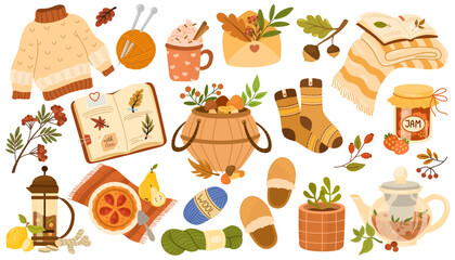 Hygge set, hand drawn vector, scandinavian doodle sketchy elements. Cozy comfortable lifestyle, winter and autumn mood. Flat vector illustration isolated on white background