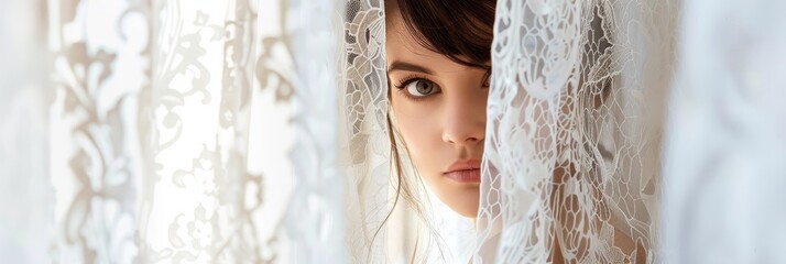 Wall Mural - A close-up portrait of a woman with long dark hair peeking through white lace curtains with a soft, warm light filtering in from behind