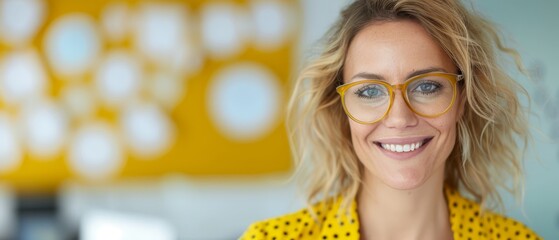 Wall Mural -  A tight shot of someone in a yellow shirt and a yellow polka-dot blouse, donning glasses, against a yellow and white backdrop