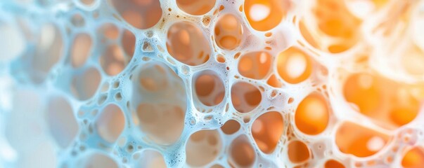 Closeup of osteoporotic bone structure under microscope, science theme, front view, revealing porous nature of bones, futuristic tone, Triadic Color Scheme