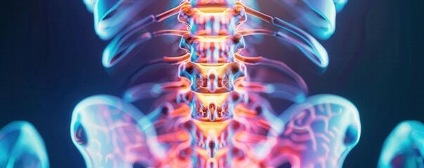 Closeup of vertebrae with ankylosing spondylitis, science theme, front view, depicting joint inflammation and ossification, futuristic tone, Triadic Color Scheme