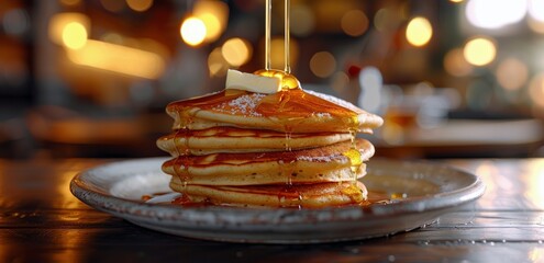 Wall Mural - Golden Brown Pancakes Drizzled With Syrup and a Pat of Butter on a Rustic Table