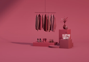 Clothes on sand dune background with sun shadow. Collection of clothes hanging on a rack in viva magenta colors. 3d rendering, store and bedroom concept	