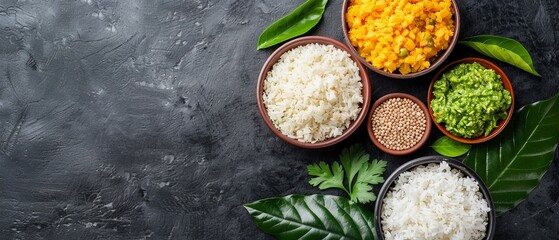 Sticker - one filled with rice, another with vegetables; nearby, leafy greens are presented in yet another bowl