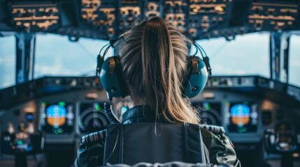 Canvas Print - A woman piloting a plane with her hair in a ponytail