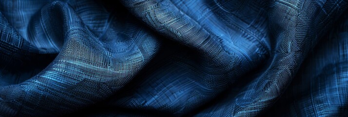 Wall Mural - close-up view of textured deep blue fabric with subtle patterns, draping softly. creates depth and m