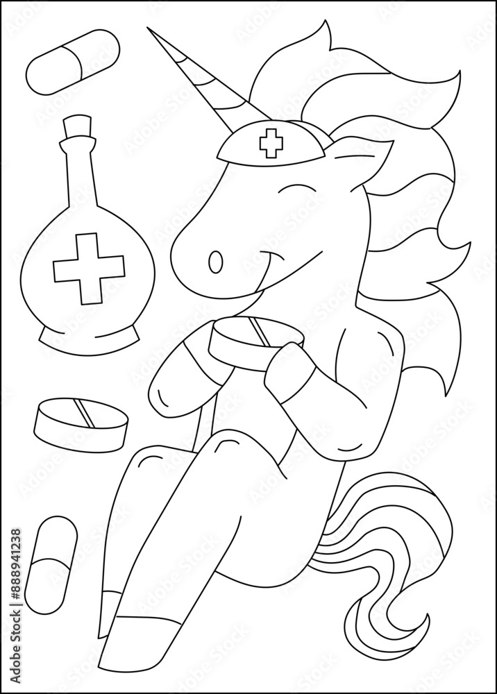 Internist medical unicorn coloring book page Stock Vector | Adobe Stock