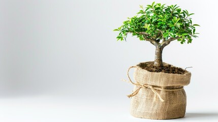 Wall Mural - Tree in pot with burlap on paper against white background