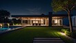 © xKas - Night scene, modern house with beautifully landscaped garden
