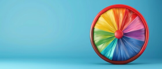 Wall Mural -  A colorful wheel-shaped object against a blue backdrop with text or insert space